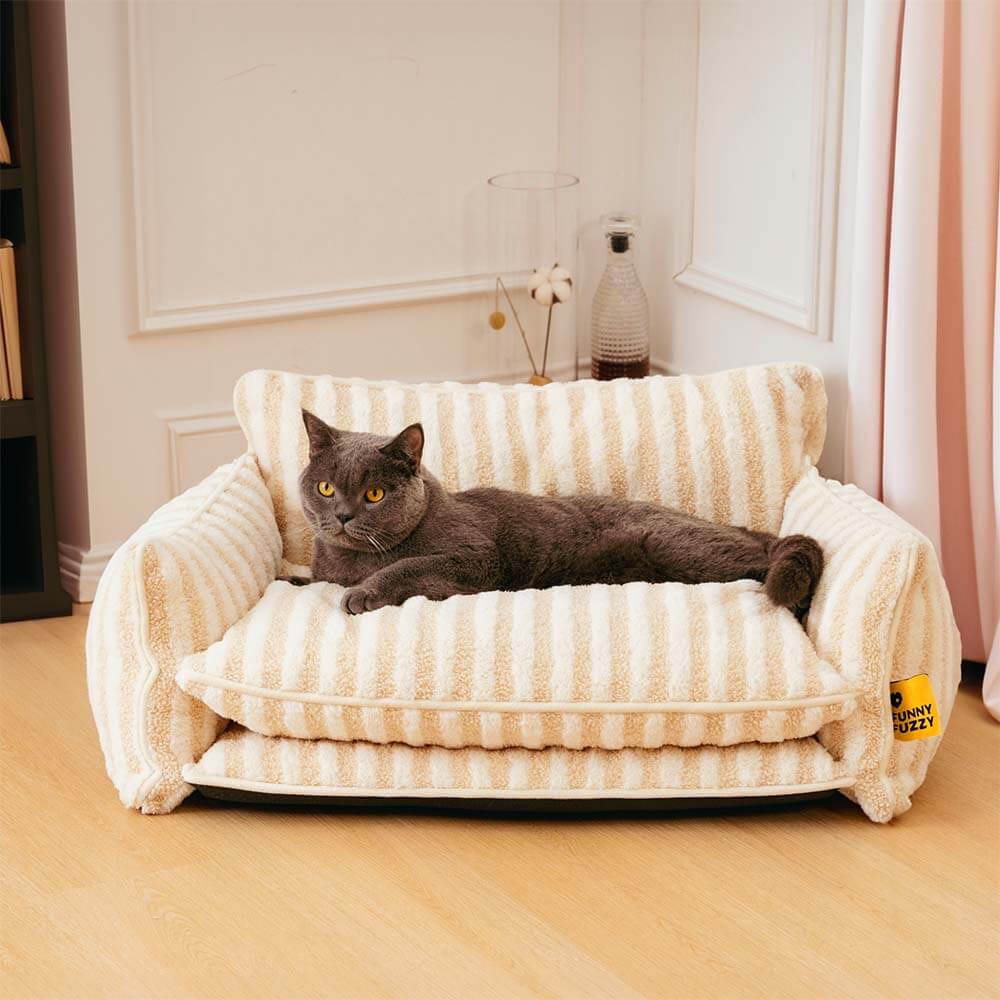 Trendy Striped Faux Lambswool Double Layer Cat Sofa Bed