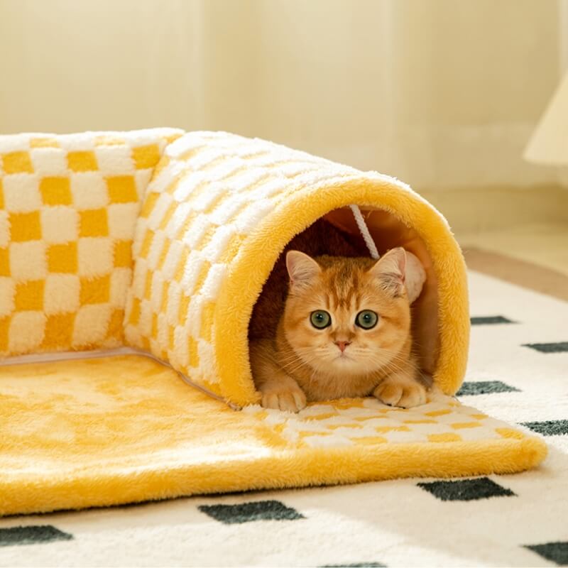 2-in-1 Funny Plush Plaid Cat Tunnel Cat Bed