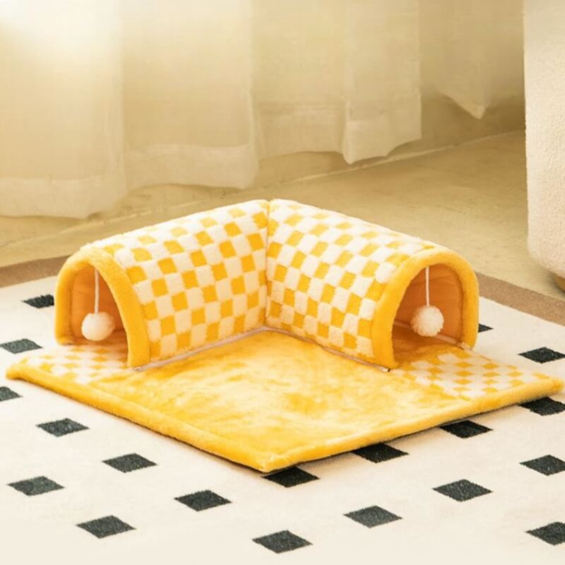 2-in-1 Funny Plush Plaid Cat Tunnel Cat Bed