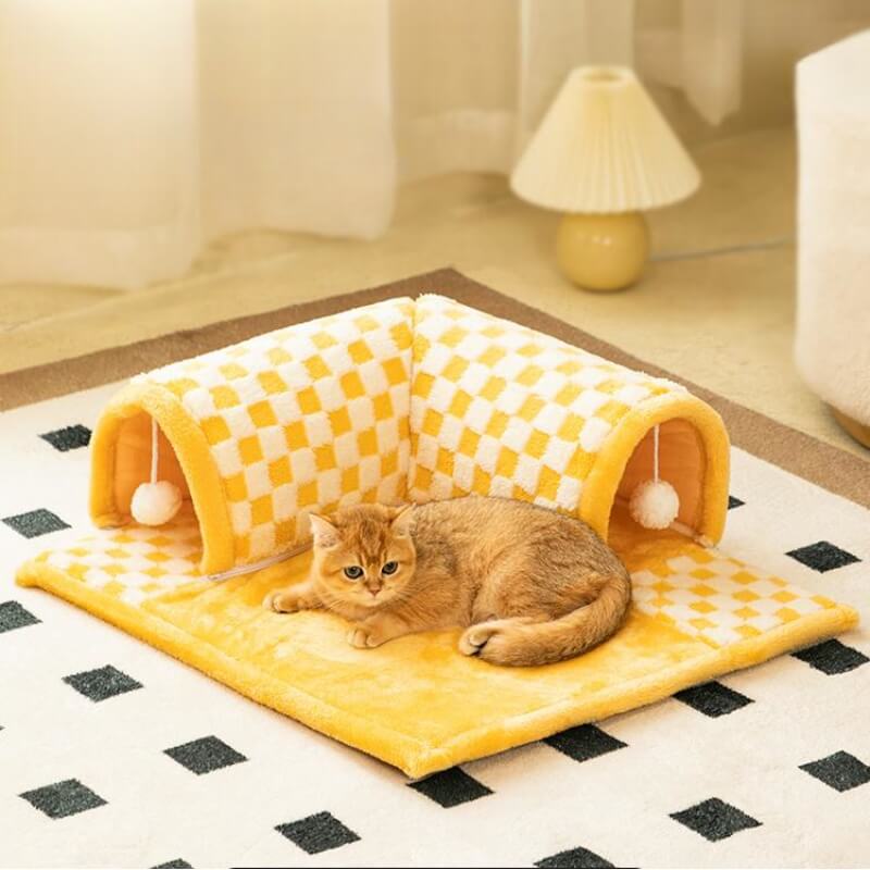 2-in-1 Funny Plush Plaid Cat Tunnel Cat Bed