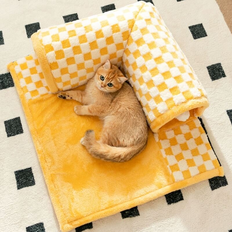 2-in-1 Funny Plush Plaid Cat Tunnel Cat Bed