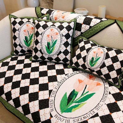 Botanical Floral Chequerboard Cotton Couch Cover