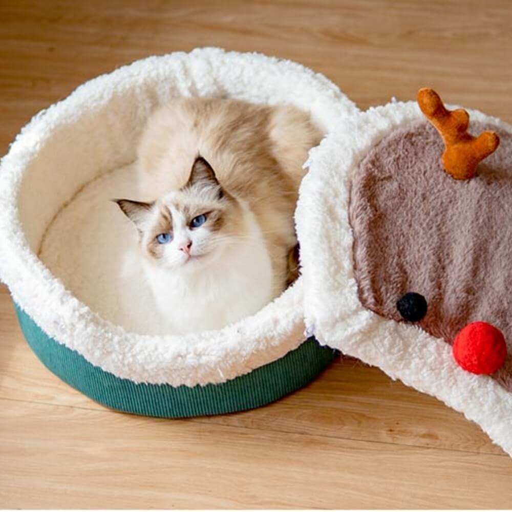 Christmas Elk Enclosed  Plush Cat Cave
