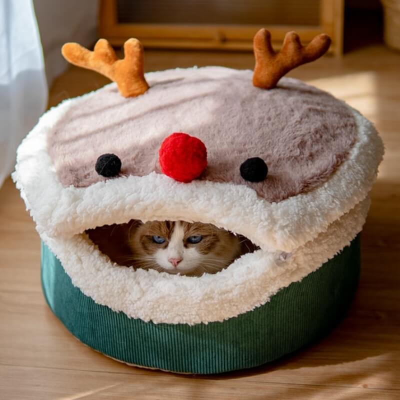 Christmas Elk Enclosed  Plush Cat Cave