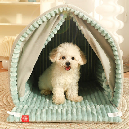 Double Curtain Pet House Enclosed Dog Bed