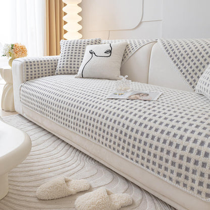 Warm Sherpa Fleece Plaid Furniture Protector Couch Cover